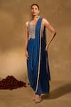 Chamee & Palak_Blue Satin, Chiffon, Velvet Tassels, Lekha Slit Dhoti Saree With Corset _Online_at_Aza_Fashions