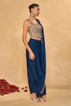 Chamee & Palak_Blue Satin, Chiffon, Velvet Tassels, Lekha Slit Dhoti Saree With Corset _at_Aza_Fashions
