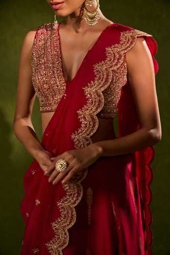 Chamee & Palak_Red Silk, Organza Sequins, Pearls, Amal Jamewar Pre-draped Lehenga Saree Set _Online_at_Aza_Fashions
