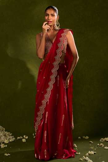 Buy_Chamee & Palak_Red Silk, Organza Sequins, Pearls, Amal Jamewar Pre-draped Lehenga Saree Set _Online_at_Aza_Fashions