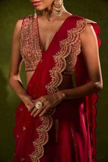 Shop_Chamee & Palak_Red Silk, Organza Sequins, Pearls, Amal Jamewar Pre-draped Lehenga Saree Set _Online_at_Aza_Fashions