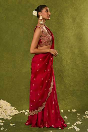 Chamee & Palak_Red Silk, Organza Sequins, Pearls, Amal Jamewar Pre-draped Lehenga Saree Set _at_Aza_Fashions