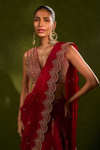 Shop_Chamee & Palak_Red Silk, Organza Sequins, Pearls, Amal Jamewar Pre-draped Lehenga Saree Set 