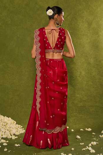 Shop_Chamee & Palak_Red Silk, Organza Sequins, Pearls, Amal Jamewar Pre-draped Lehenga Saree Set _at_Aza_Fashions
