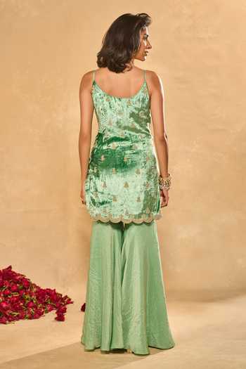 Shop_Chamee & Palak_Green Organza, Tissue, Velvet Embroidery, Lekha Kurta Jamawar Sharara Set _at_Aza_Fashions