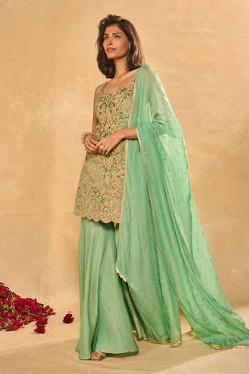 Chamee & Palak_Green Organza, Tissue, Velvet Embroidery, Lekha Kurta Jamawar Sharara Set _Online_at_Aza_Fashions