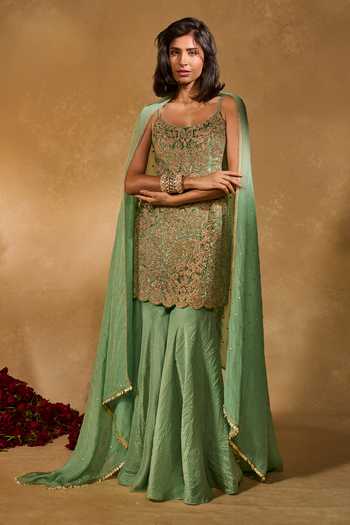 Buy_Chamee & Palak_Green Organza, Tissue, Velvet Embroidery, Lekha Kurta Jamawar Sharara Set _at_Aza_Fashions