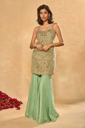 Buy_Chamee & Palak_Green Organza, Tissue, Velvet Embroidery, Lekha Kurta Jamawar Sharara Set _Online_at_Aza_Fashions