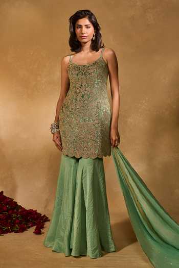 Chamee & Palak_Green Organza, Tissue, Velvet Embroidery, Lekha Kurta Jamawar Sharara Set _at_Aza_Fashions