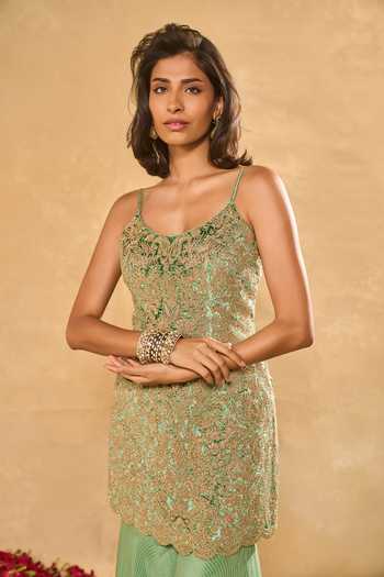 Buy_Chamee & Palak_Green Organza, Tissue, Velvet Embroidery, Lekha Kurta Jamawar Sharara Set 