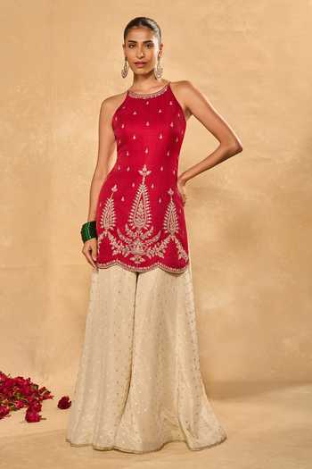 Chamee & Palak_Ivory Silk, Organza, Tissue Zari, Embroidery, Ambi Embellished Kurta Sharara Set _Online_at_Aza_Fashions