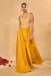 Chamee & Palak_Yellow Silk, Net Beads, Pearls, Zari Riz Jamewar Woven Corset Flared Pant Set _at_Aza_Fashions