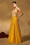 Shop_Chamee & Palak_Yellow Silk, Net Beads, Pearls, Zari Riz Jamewar Woven Corset Flared Pant Set 