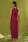 Shop_Chamee & Palak_Wine Silk, Georgette Beads Halter Neck Jasmine Embellished Bodice Cowl Dress _at_Aza_Fashions