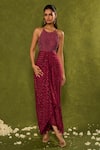 Chamee & Palak_Wine Silk, Georgette Beads Halter Neck Jasmine Embellished Bodice Cowl Dress _Online_at_Aza_Fashions