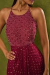 Buy_Chamee & Palak_Wine Silk, Georgette Beads Halter Neck Jasmine Embellished Bodice Cowl Dress _Online_at_Aza_Fashions