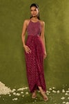 Buy_Chamee & Palak_Wine Silk, Georgette Beads Halter Neck Jasmine Embellished Bodice Cowl Dress _at_Aza_Fashions