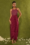 Shop_Chamee & Palak_Wine Silk, Georgette Beads Halter Neck Jasmine Embellished Bodice Cowl Dress _Online_at_Aza_Fashions
