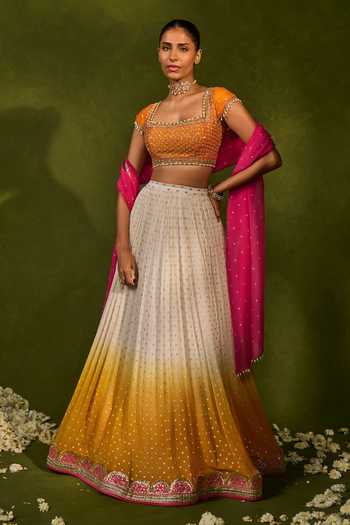 Buy_Chamee & Palak_Yellow Silk, Organza, Georgette Embroidery, Devika Ombre Ruched Lehenga Set _at_Aza_Fashions