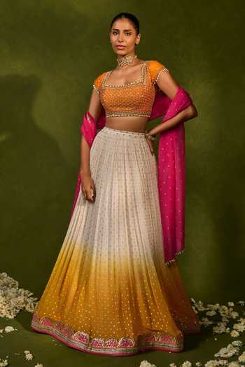 Shop_Chamee & Palak_Yellow Silk, Organza, Georgette Embroidery, Devika Ombre Ruched Lehenga Set _Online_at_Aza_Fashions