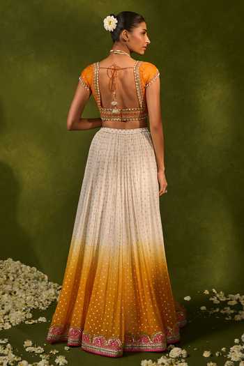 Shop_Chamee & Palak_Yellow Silk, Organza, Georgette Embroidery, Devika Ombre Ruched Lehenga Set _at_Aza_Fashions