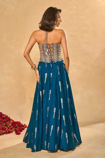 Shop_Chamee & Palak_Blue Silk, Organza Zari, Sequins Halter Amal Woven Buttis Jamewar Lehenga Set _at_Aza_Fashions