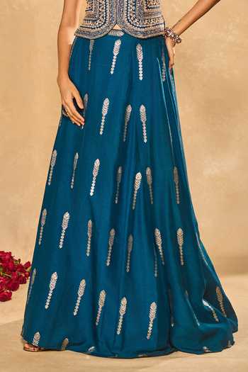 Buy_Chamee & Palak_Blue Silk, Organza Zari, Sequins Halter Amal Woven Buttis Jamewar Lehenga Set _Online_at_Aza_Fashions