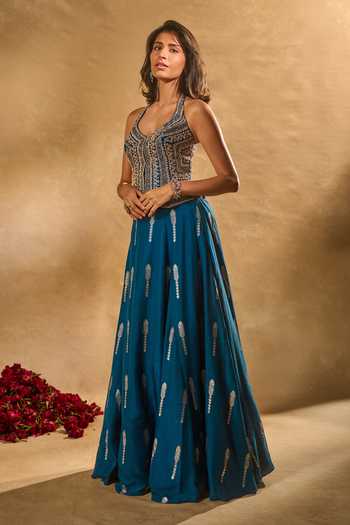 Shop_Chamee & Palak_Blue Silk, Organza Zari, Sequins Halter Amal Woven Buttis Jamewar Lehenga Set _Online_at_Aza_Fashions