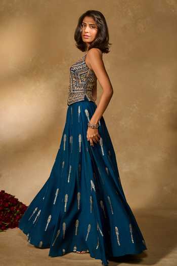 Shop_Chamee & Palak_Blue Silk, Organza Zari, Sequins Halter Amal Woven Buttis Jamewar Lehenga Set 