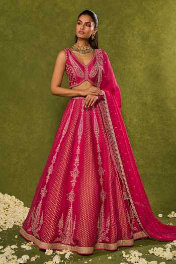 Buy_Chamee & Palak_Pink Silk, Organza, Tissue Embroidery, Sequins, Ambi Jamewar Lehenga Set _at_Aza_Fashions