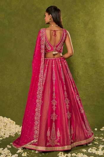 Shop_Chamee & Palak_Pink Silk, Organza, Tissue Embroidery, Sequins, Ambi Jamewar Lehenga Set _at_Aza_Fashions