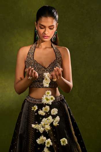 Shop_Chamee & Palak_Black Silk, Tissue, Dupion, Organza Sequins, Nandana Woven Jamear Lehenga Set _Online_at_Aza_Fashions