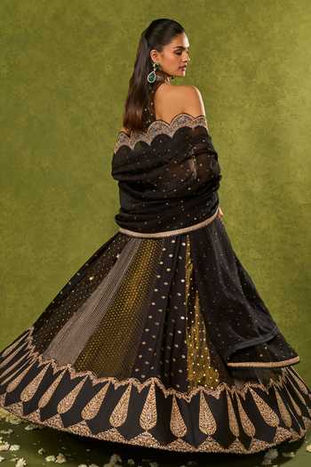 Shop_Chamee & Palak_Black Silk, Tissue, Dupion, Organza Sequins, Nandana Woven Jamear Lehenga Set _at_Aza_Fashions