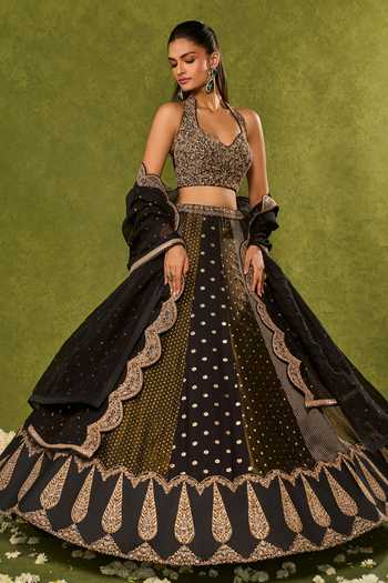 Buy_Chamee & Palak_Black Silk, Tissue, Dupion, Organza Sequins, Nandana Woven Jamear Lehenga Set 