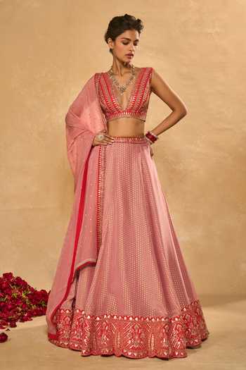 Buy_Chamee & Palak_Pink Silk, Organza, Tissue, Dupion Mina Daman Embroidered Jamewar Lehenga Set _at_Aza_Fashions