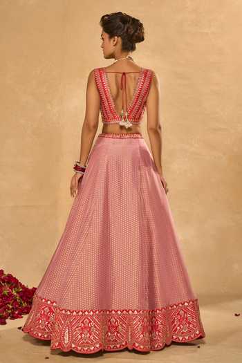 Shop_Chamee & Palak_Pink Silk, Organza, Tissue, Dupion Mina Daman Embroidered Jamewar Lehenga Set _at_Aza_Fashions