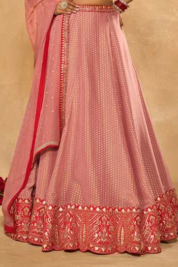 Shop_Chamee & Palak_Pink Silk, Organza, Tissue, Dupion Mina Daman Embroidered Jamewar Lehenga Set _Online_at_Aza_Fashions