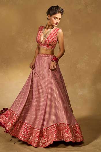 Chamee & Palak_Pink Silk, Organza, Tissue, Dupion Mina Daman Embroidered Jamewar Lehenga Set _at_Aza_Fashions