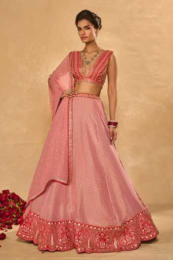Buy_Chamee & Palak_Pink Silk, Organza, Tissue, Dupion Mina Daman Embroidered Jamewar Lehenga Set 