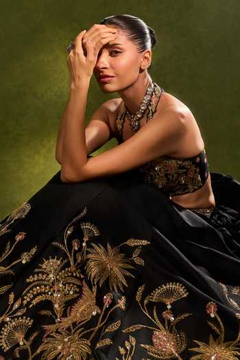 Chamee & Palak_Black Silk, Dupion, Net Embroidery, Sequins, Pearls, Huda Forest Lehenga Set _Online_at_Aza_Fashions