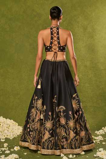 Shop_Chamee & Palak_Black Silk, Dupion, Net Embroidery, Sequins, Pearls, Huda Forest Lehenga Set _at_Aza_Fashions