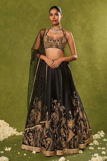 Buy_Chamee & Palak_Black Silk, Dupion, Net Embroidery, Sequins, Pearls, Huda Forest Lehenga Set _at_Aza_Fashions