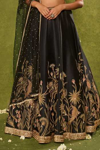 Buy_Chamee & Palak_Black Silk, Dupion, Net Embroidery, Sequins, Pearls, Huda Forest Lehenga Set _Online_at_Aza_Fashions