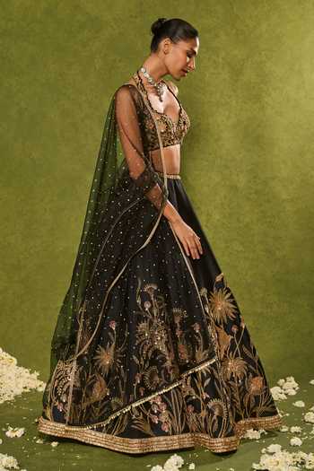 Shop_Chamee & Palak_Black Silk, Dupion, Net Embroidery, Sequins, Pearls, Huda Forest Lehenga Set _Online_at_Aza_Fashions
