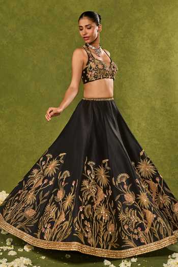 Buy_Chamee & Palak_Black Silk, Dupion, Net Embroidery, Sequins, Pearls, Huda Forest Lehenga Set 