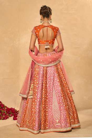 Shop_Chamee & Palak_Pink Silk, Net Beads, Pearls, Zari, Stones Saba Pita Embroidered Lehenga Set _at_Aza_Fashions