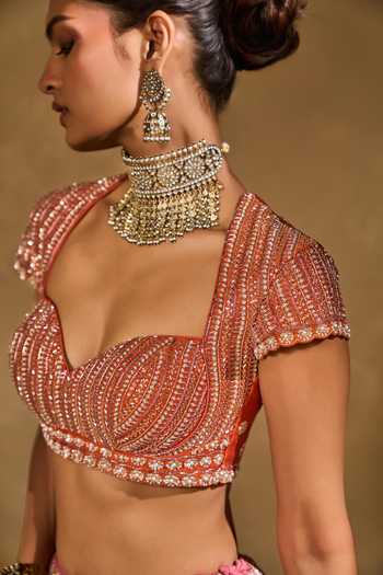 Chamee & Palak_Pink Silk, Net Beads, Pearls, Zari, Stones Saba Pita Embroidered Lehenga Set _Online_at_Aza_Fashions