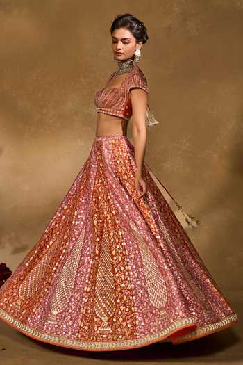 Shop_Chamee & Palak_Pink Silk, Net Beads, Pearls, Zari, Stones Saba Pita Embroidered Lehenga Set _Online_at_Aza_Fashions