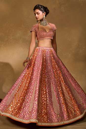 Shop_Chamee & Palak_Pink Silk, Net Beads, Pearls, Zari, Stones Saba Pita Embroidered Lehenga Set 
