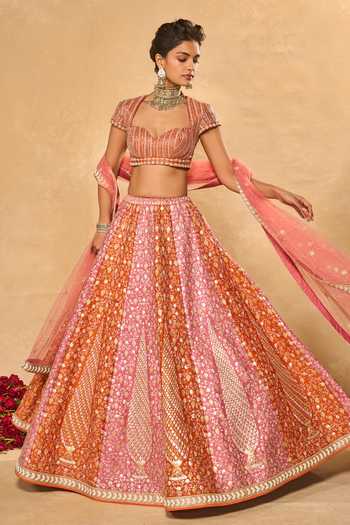 Chamee & Palak_Pink Silk, Net Beads, Pearls, Zari, Stones Saba Pita Embroidered Lehenga Set _Online